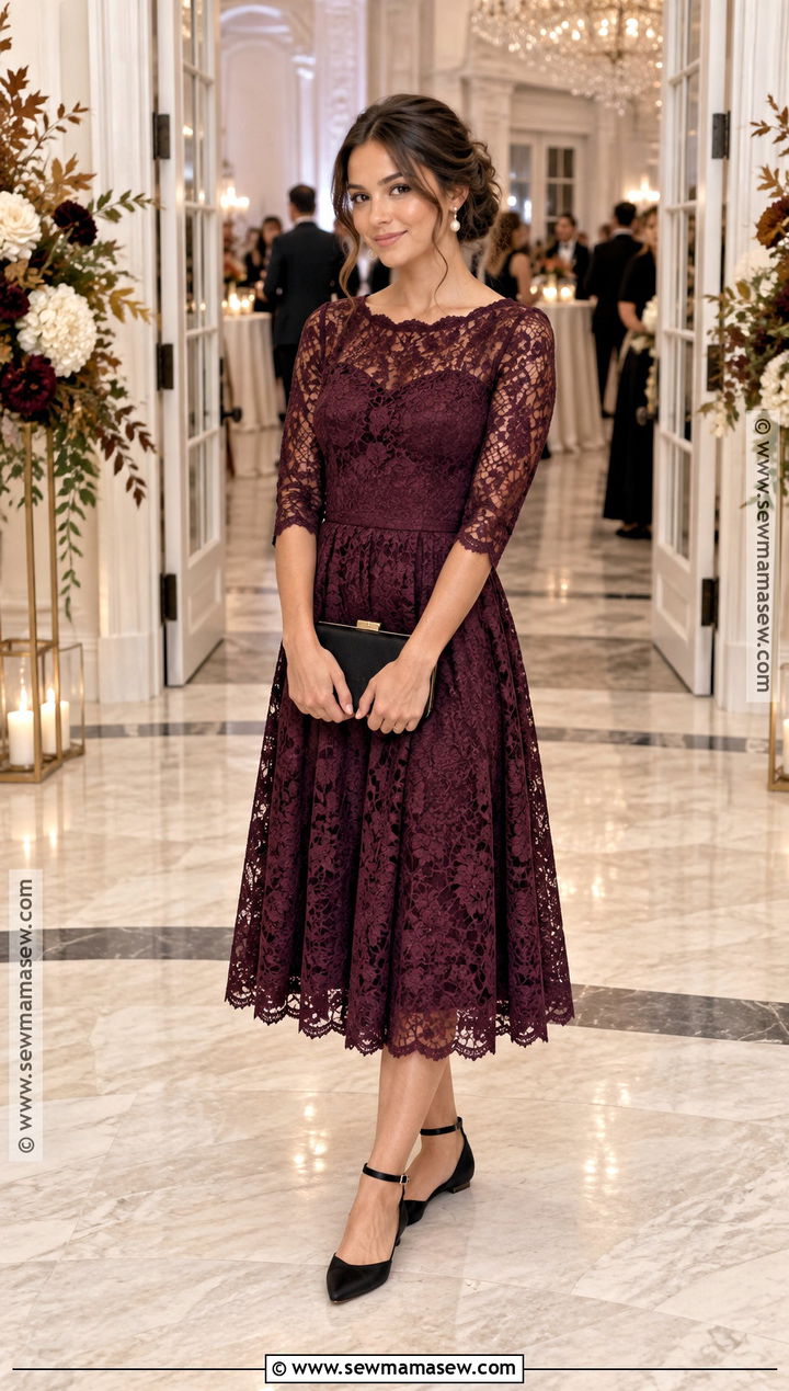 Plum Lace Dress With Satin Ankle Strap Flats - 15 fall wedding guest dress with flats ideas