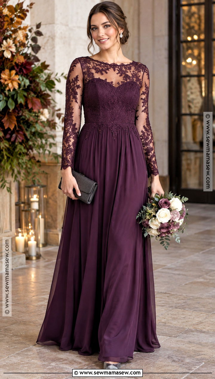 Plum Lace Illusion Sleeve Bridesmaid Dress - 15 Fall Bridesmaid Dresses With Sleeves