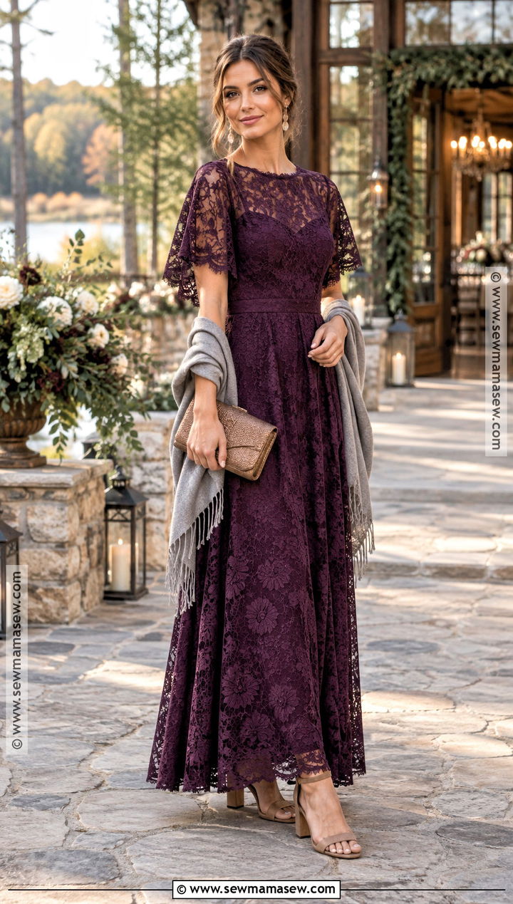 Plum Lace Maxi Dress - 15 boho fall wedding guest dress ideas