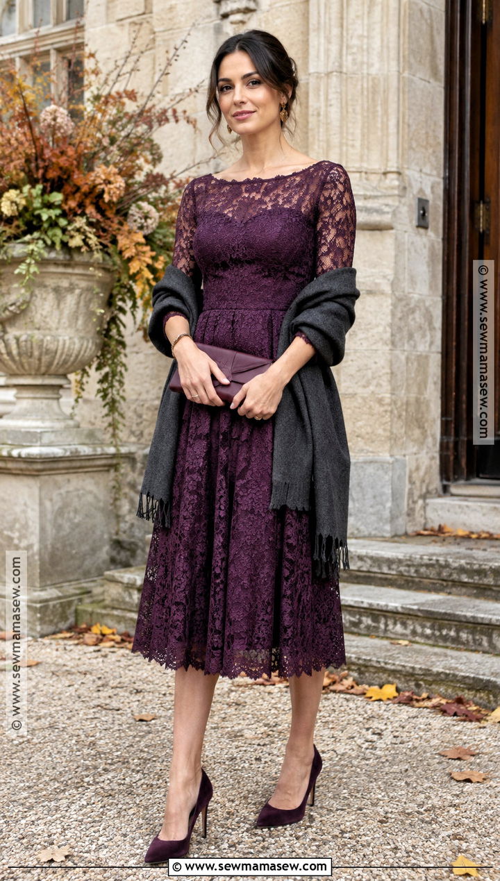 Plum Lace Midi Dress Outfit - 15 october wedding dress ideas