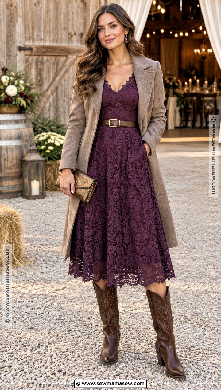 Plum Lace Midi Western Wedding Guest Outfit - 15 fall wedding guest outfit western ideas