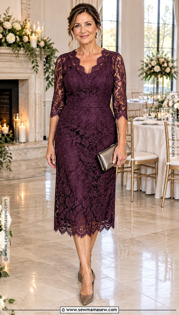Plum Lace Mother of the Bride Midi Dress - 25 fall mother of the bride dresses