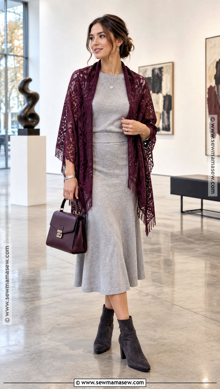 Plum Lace Shawl With Gray Knit Set - 15 autumn color lace shawl ideas