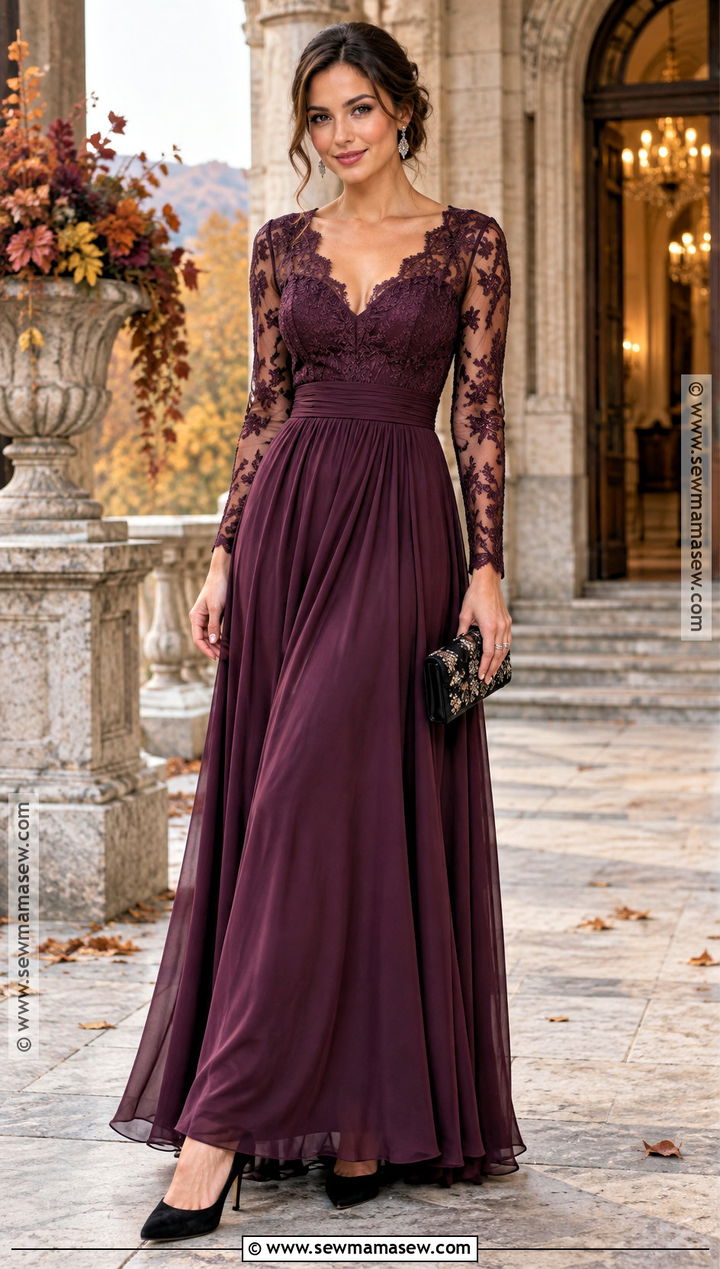 Plum Lace Sleeve Autumn Formal Dress - 20 autumn dress formal ideas