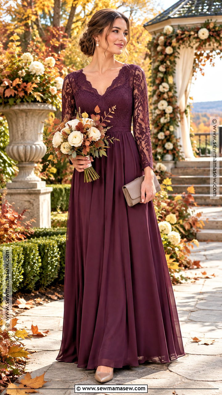 Plum Lace Sleeve Bridesmaid Dress - 20 plum bridesmaid dresses fall