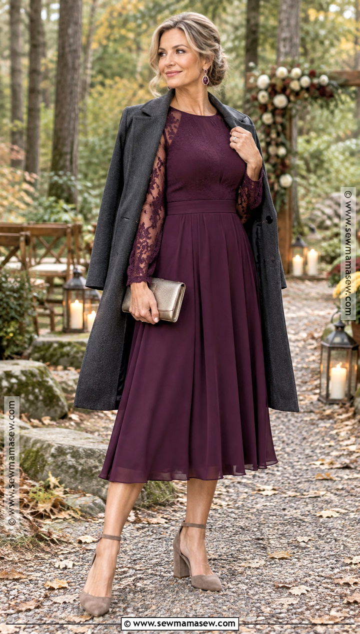 Plum Lace Sleeve Fall Wedding Guest Dress - 15 Fall Wedding Guest Dress Outdoor Ideas