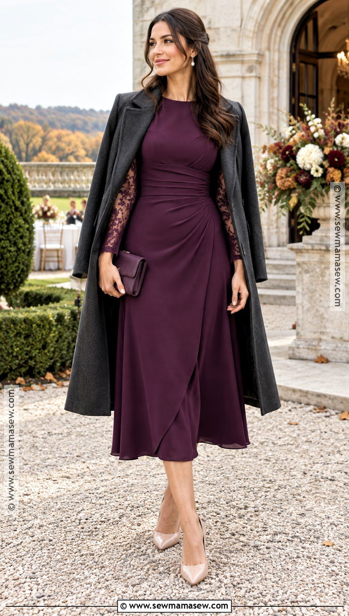 Plum Lace Sleeve Midi Dress - 20 wedding thanksgiving dress ideas