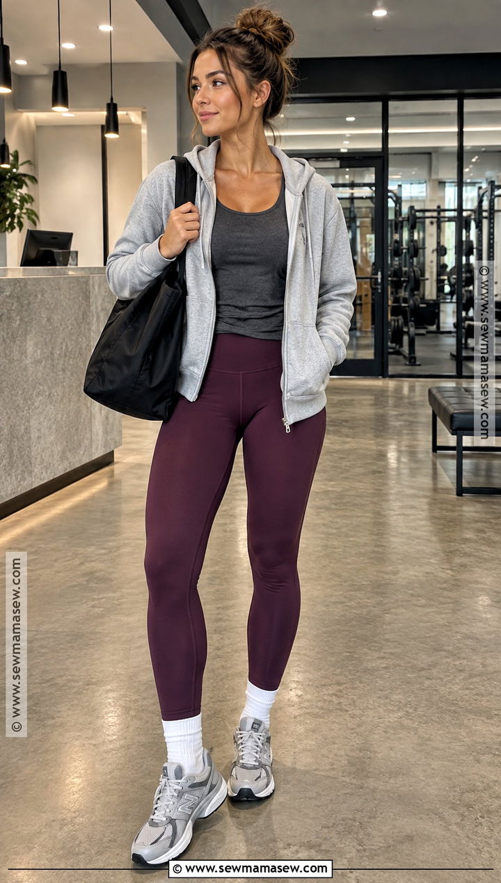 Plum Leggings And Gray Hoodie Fall Gym Outfit - 20 fall gym outfits for women