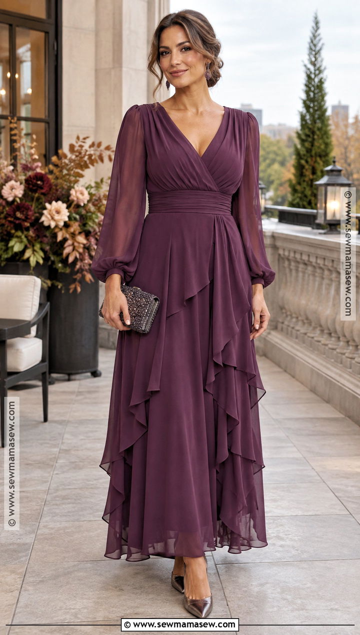 Plum Long Sleeve Chiffon Mother of the Groom Dress - 15 mother of the groom fall dresses