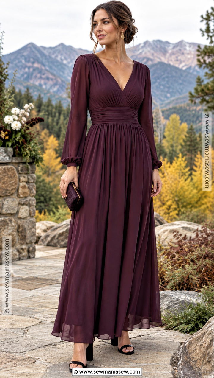 Plum Long Sleeve Crepe Bridesmaid Dress - 15 Fall Outdoor Wedding Bridesmaid Dresses