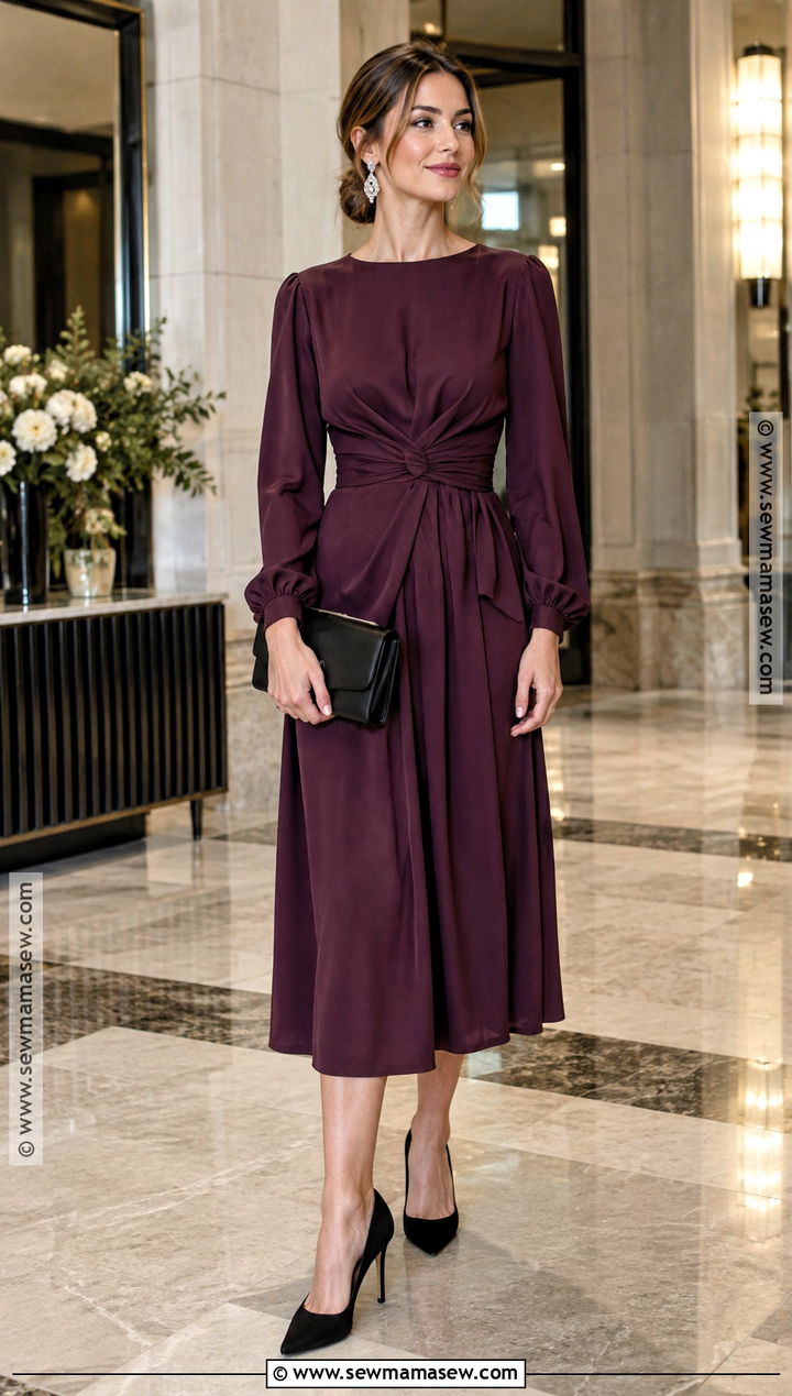 Plum Long Sleeve Fall Wedding Guest Outfit - 25 semi formal fall wedding guest attire ideas