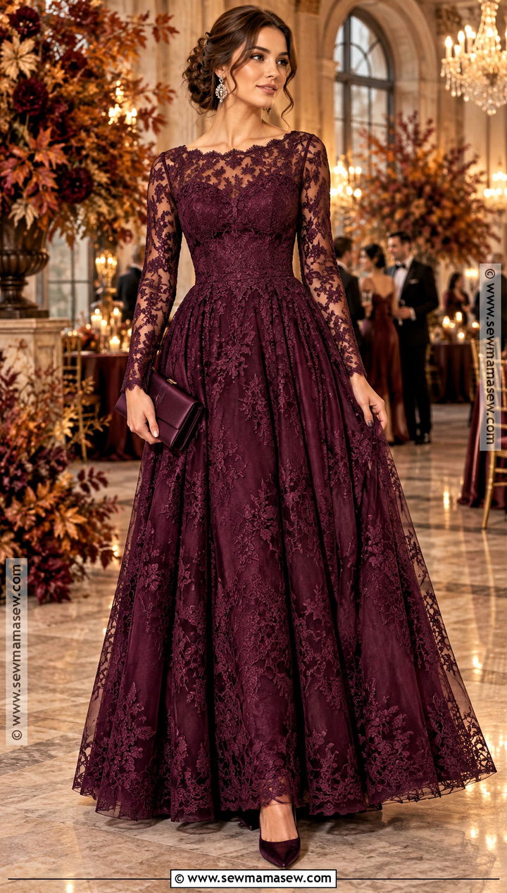 Plum Long Sleeve Lace Autumn Ball Gown - 20 Autumn Ball Gown Ideas
