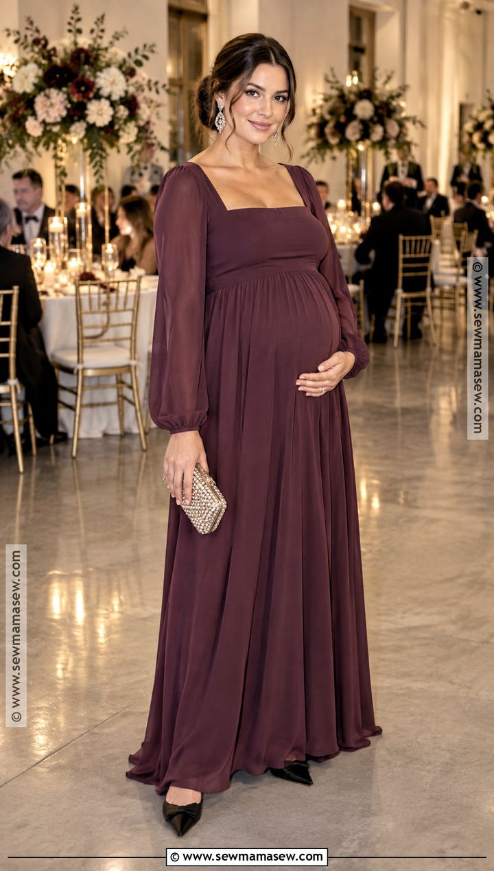Plum Long Sleeve Maternity Gown - 20 fall maternity wedding guest dress ideas