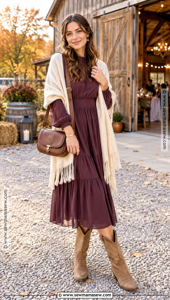 Plum Long Sleeve Midi Dress Country Wedding Guest Outfit - 15 country fall wedding outfit guest ideas