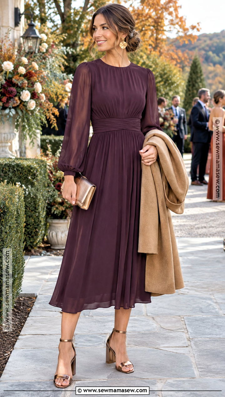 Plum Long Sleeve Midi Dress Outfit - 20 fall garden party wedding outfit guest ideas