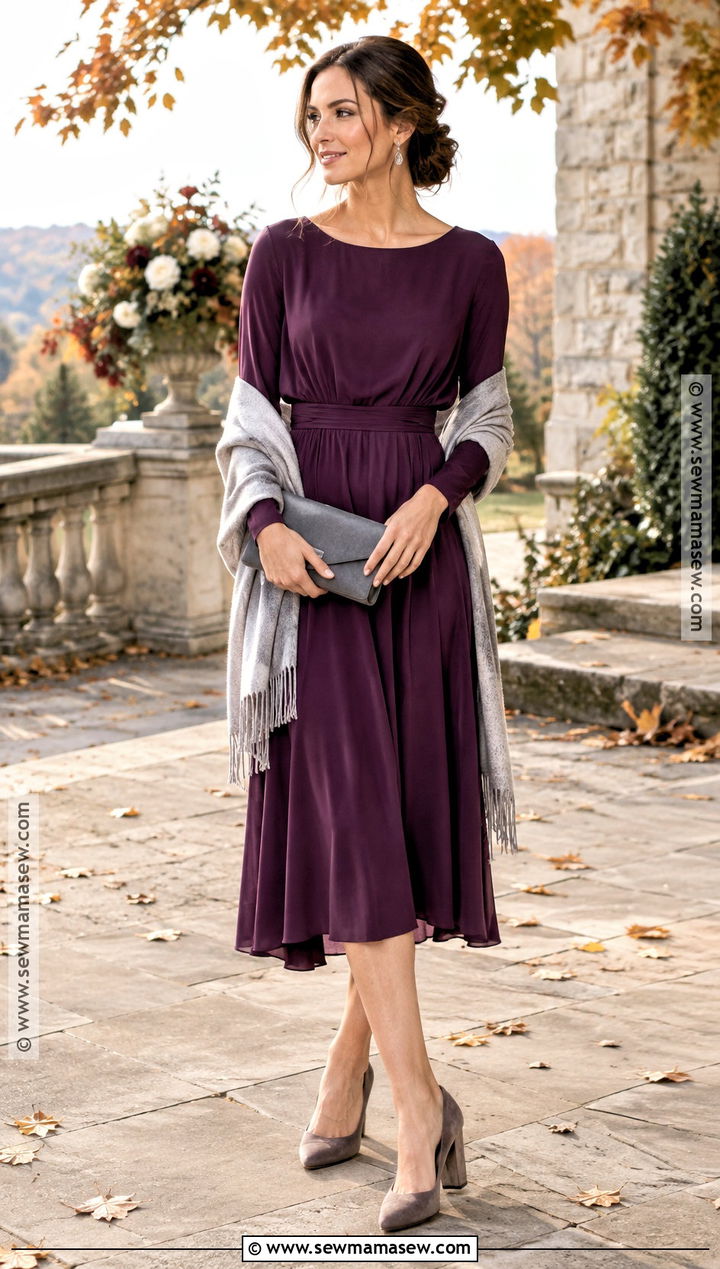 Plum Long Sleeve Midi Dress Wedding Guest Outfit - 20 fall casual wedding guest attire ideas