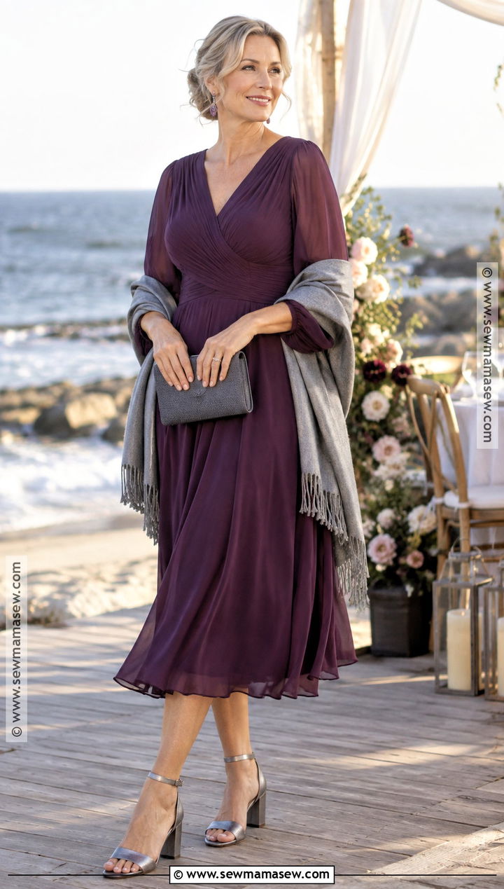 Plum Long Sleeve Midi Fall Beach Wedding Guest Dress - 20 fall beach wedding guest dress ideas
