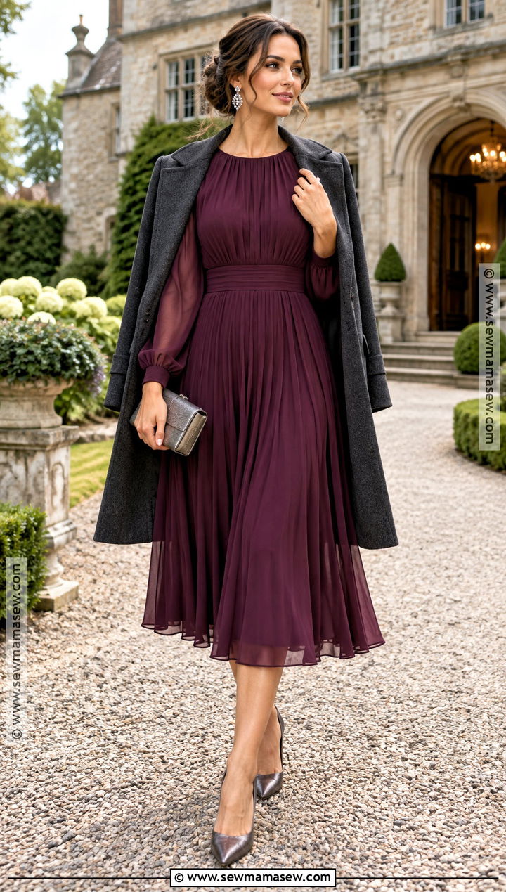 Plum Long Sleeve Pleated Cocktail Dress - 15 Fall Cocktail Dress Wedding Guest Long Sleeve Ideas