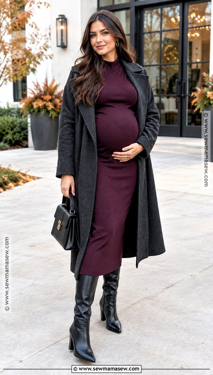 Plum Maternity Midi Dress With Black Boots - 20 fall maternity dresses