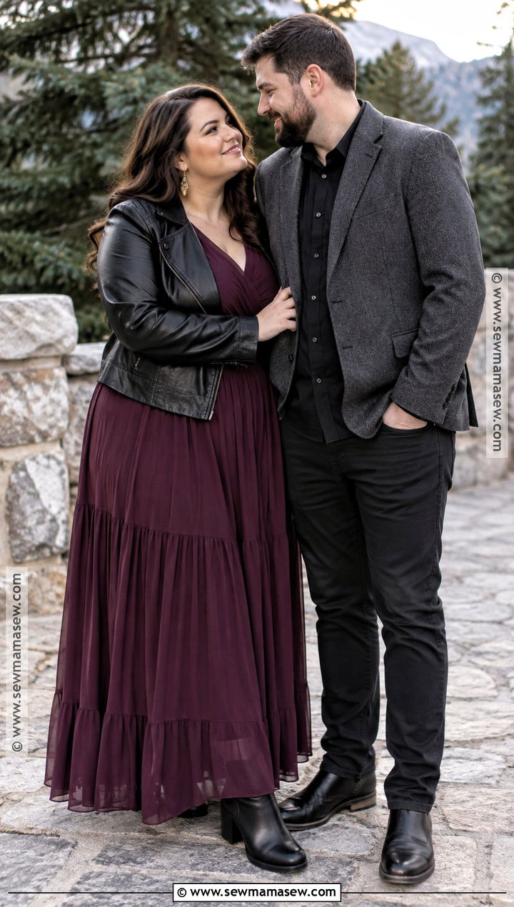 Plum Maxi Dress With Leather Jacket Engagement Photo Outfit - 20 plus size engagement photos outfits fall