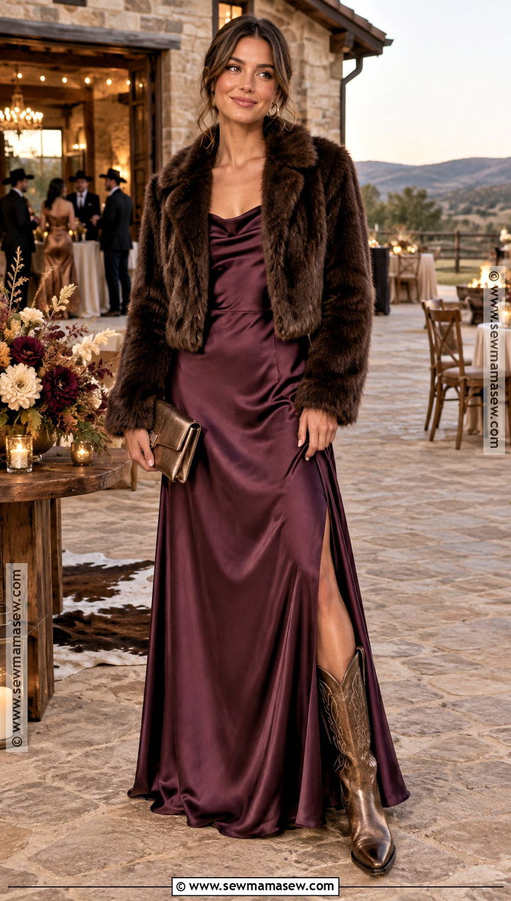 Plum Maxi Dress With Metallic Western Boots - 20 fall western wedding guest outfit ideas