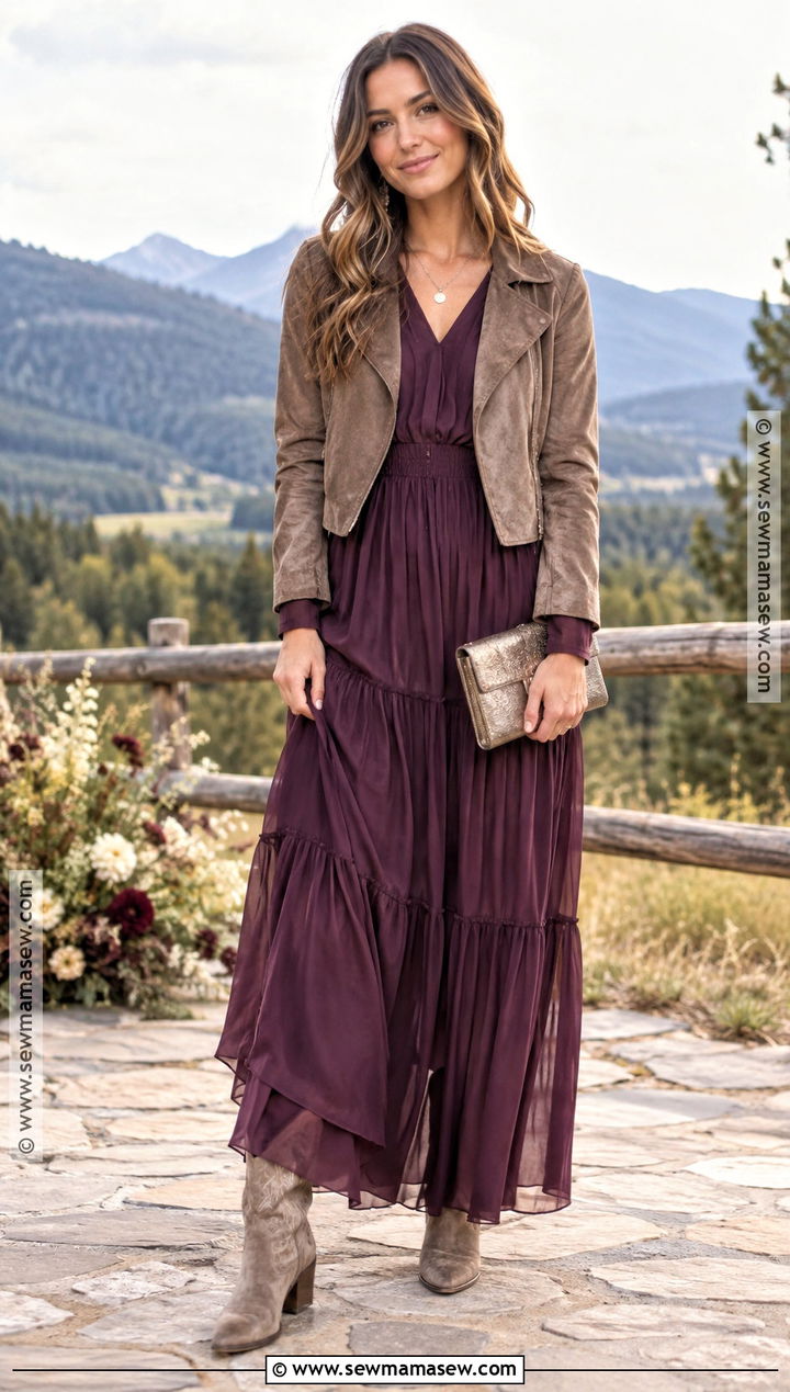 Plum Maxi Dress With Taupe Fall Wedding Cowboy Boots - 15 Fall Wedding Cowboy Boots