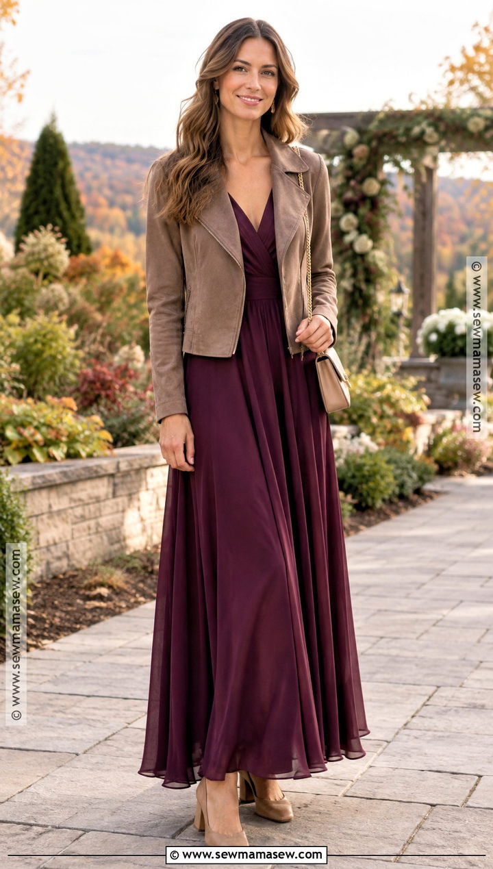 Plum Maxi Dress and Cropped Jacket - 15 casual fall wedding outfit ideas