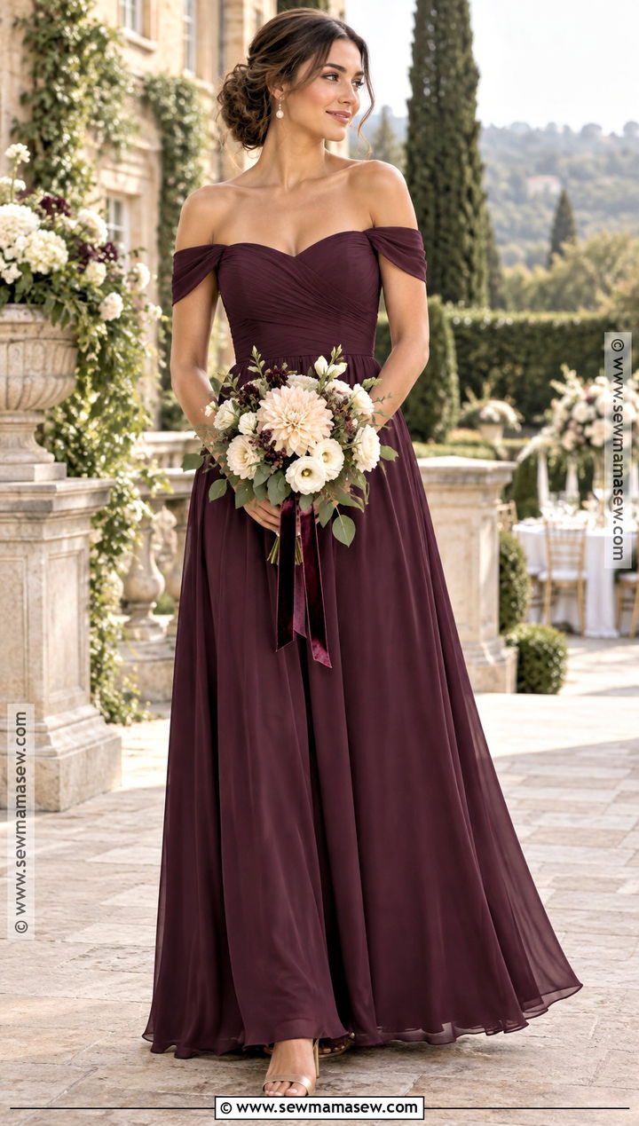 Plum Off Shoulder Bridesmaid Dress With Ivory Bouquet - 15 plum bridesmaid dresses fall deep purple wedding bouquets