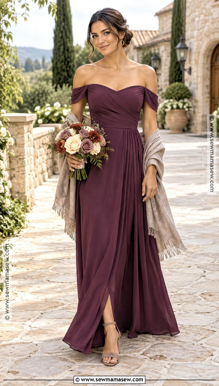 Plum Off Shoulder Bridesmaid Dress - 15 Fall Rustic Bridesmaid Dresses