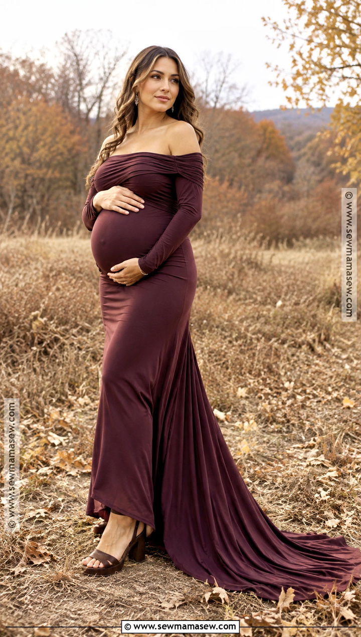 Plum Off Shoulder Maternity Gown - 15 fall maternity dresses for photoshoot
