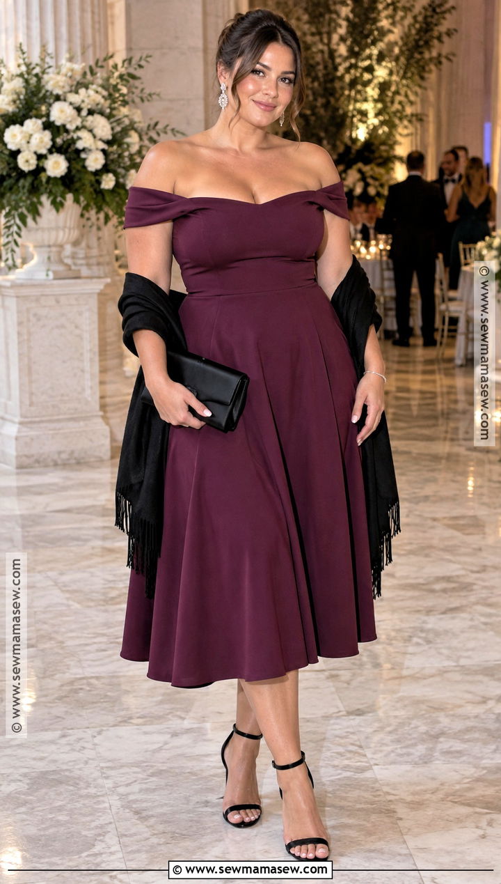 Plum Off The Shoulder Fall Wedding Guest Dress - 25 fall wedding guest dress ideas for plus size