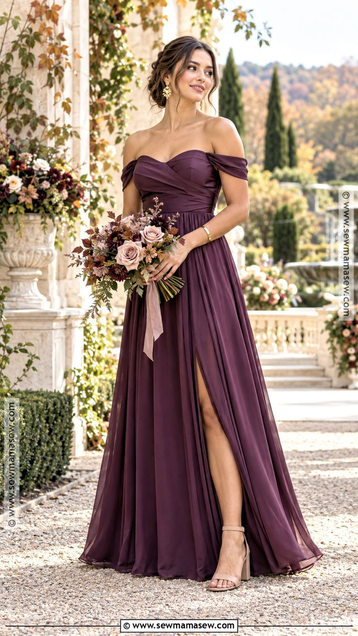 Plum Off the Shoulder Bridesmaid Dress - 20 plum bridesmaid dresses fall
