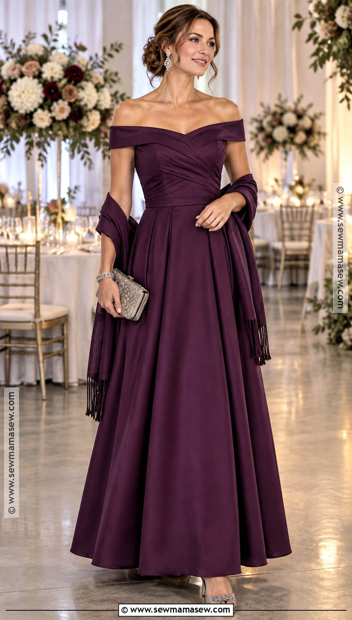 Plum Off the Shoulder Mother of the Bride Dress - 15 Mother Of Bride Dresses Fall Wedding
