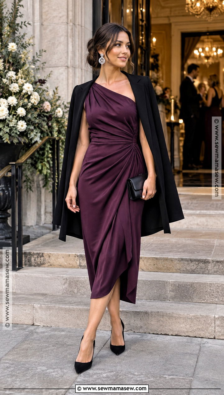 Plum One Shoulder Dress Outfit - 15 Wedding Guest Fall Outfit Classy Ideas