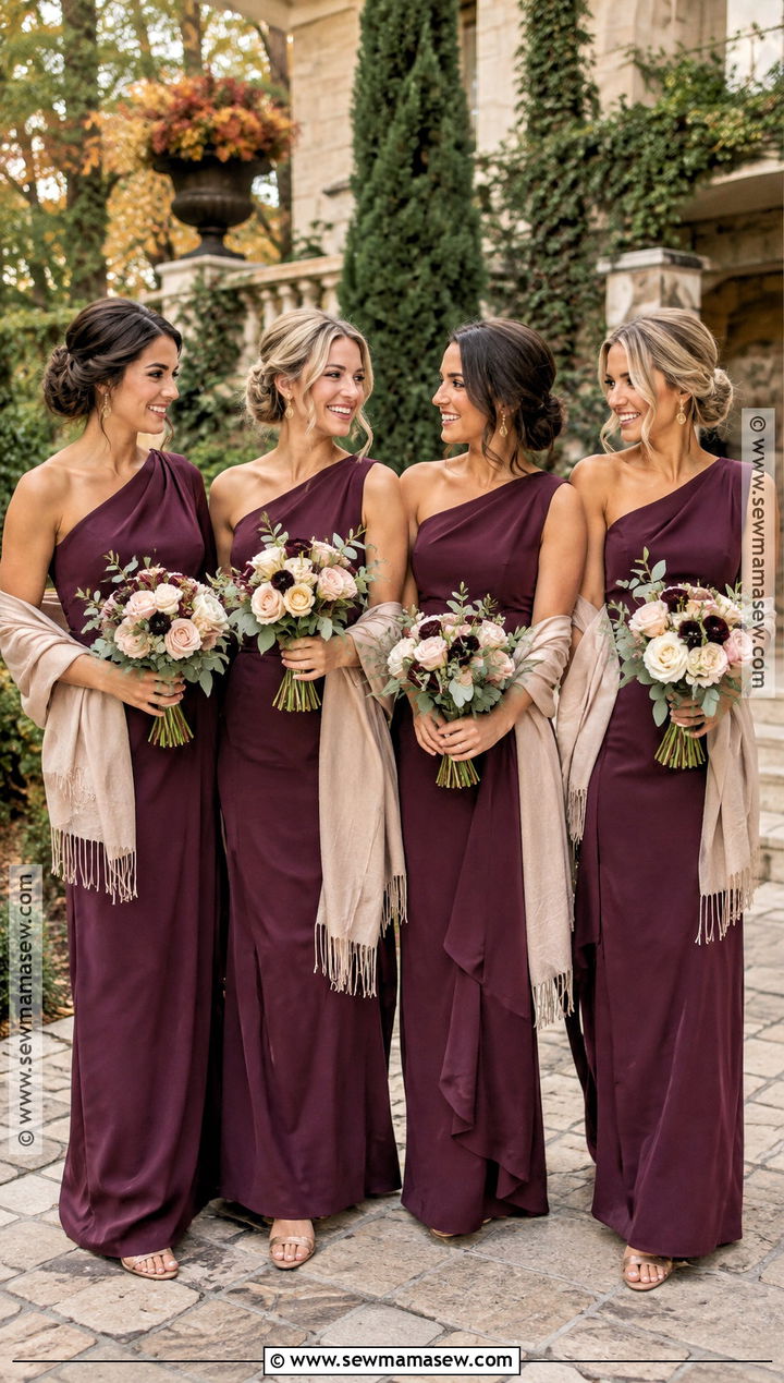 Plum One Shoulder Fall Bridal Party Outfit - 20 fall bridal party attire ideas