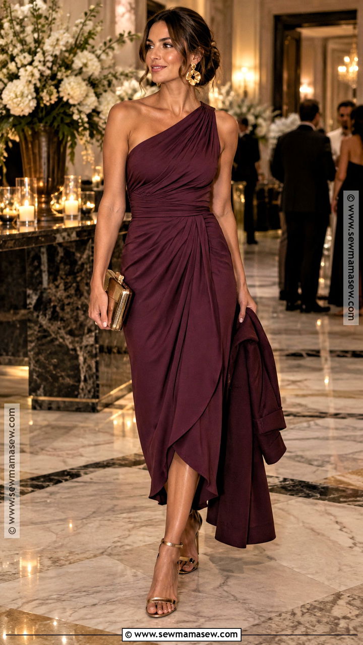 Plum One Shoulder Fall Wedding Guest Dress - 20 fall dress wedding guest ideas