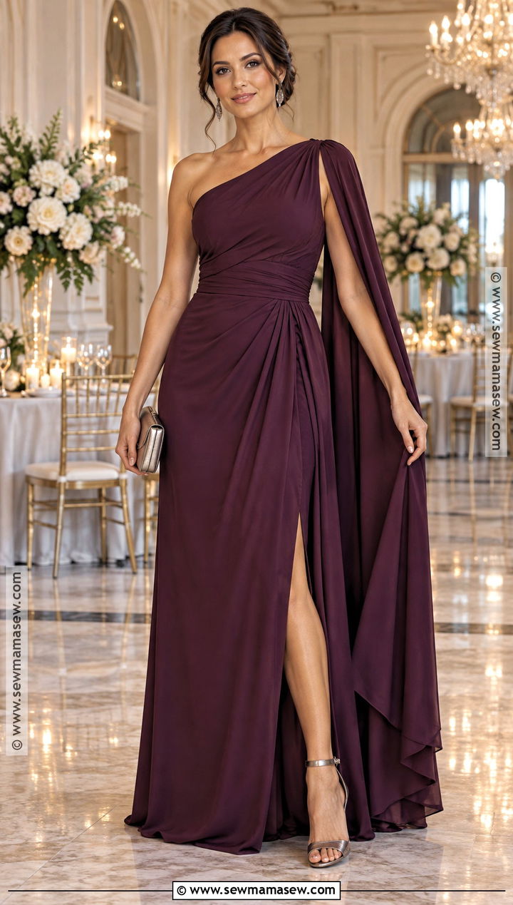 Plum One Shoulder Fall Wedding Guest Gown - 15 fall wedding guest attire ideas for women