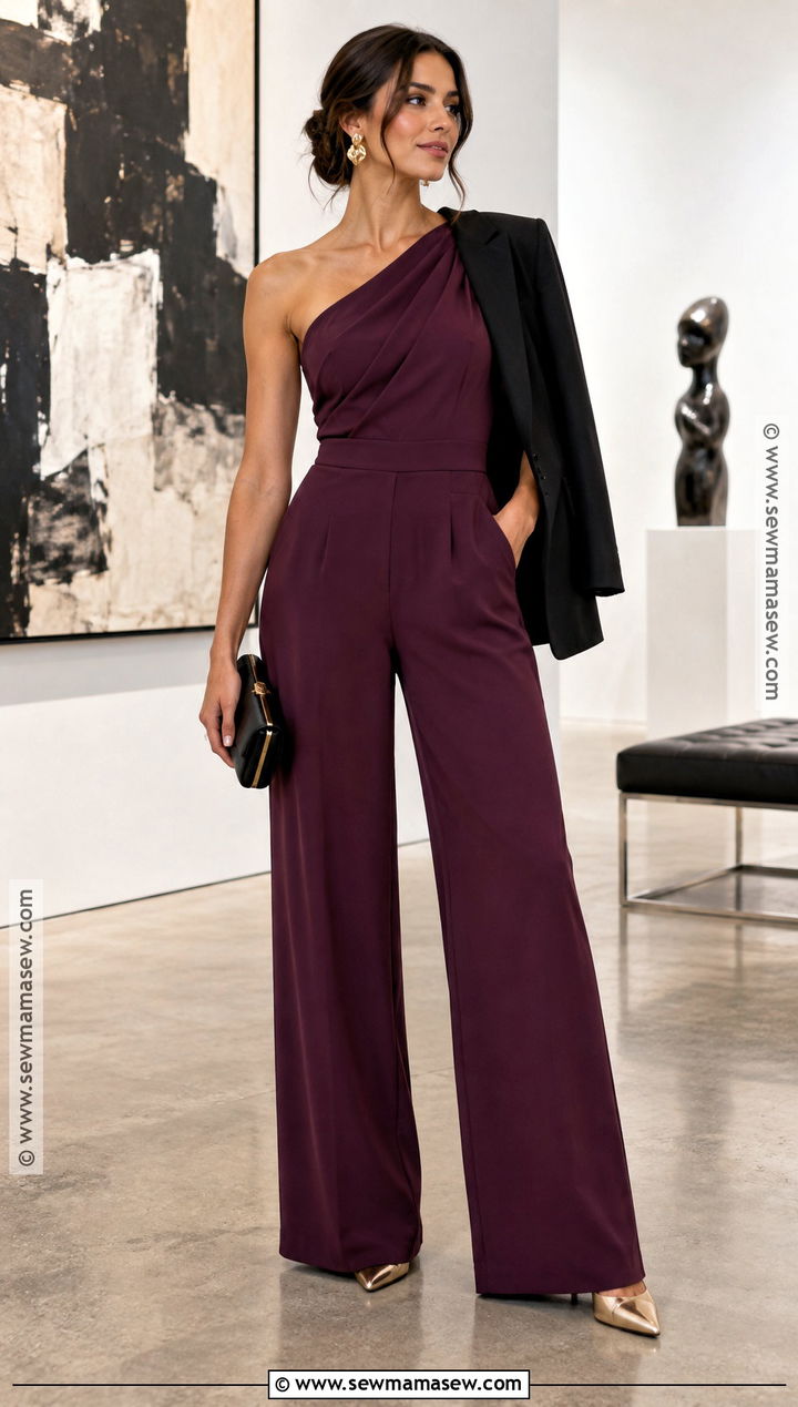 Plum One Shoulder Jumpsuit Fall Wedding Guest Outfit - 30 fall wedding guest outfit ideas