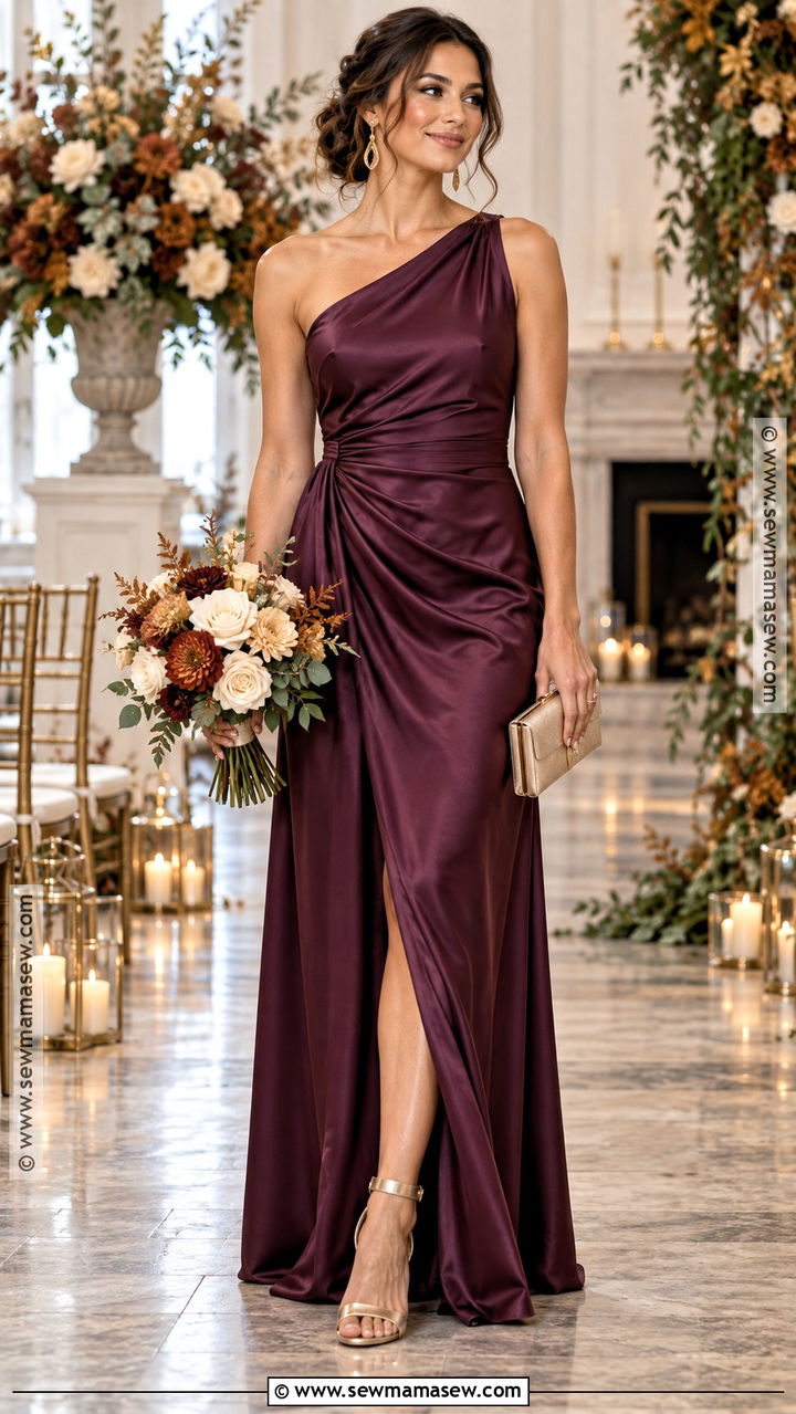 Plum One Shoulder Satin Bridesmaid Dress - 20 plum bridesmaid dresses fall