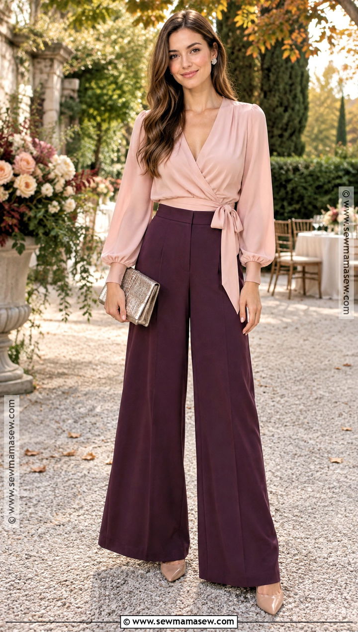 Plum Palazzo Pants With Wrap Blouse - 15 casual fall wedding outfit guest pants