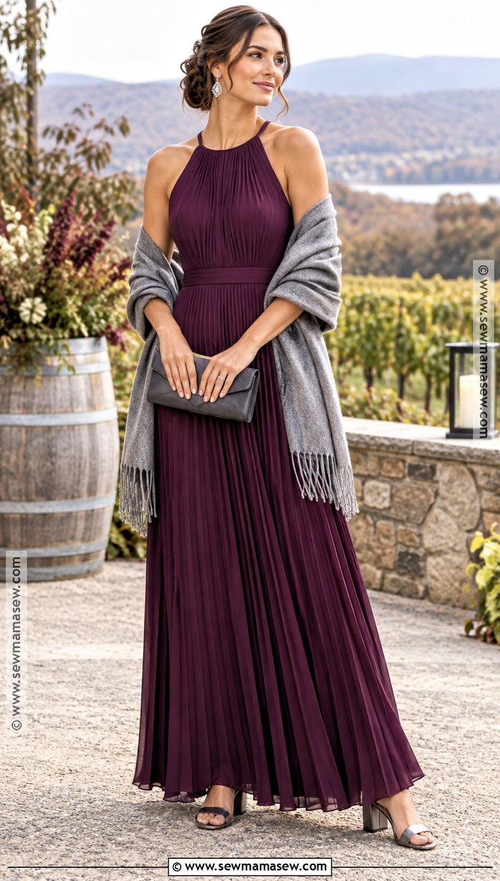 Plum Pleated Maxi Dress Winery Wedding Outfit - 15 winery wedding outfit guest fall ideas
