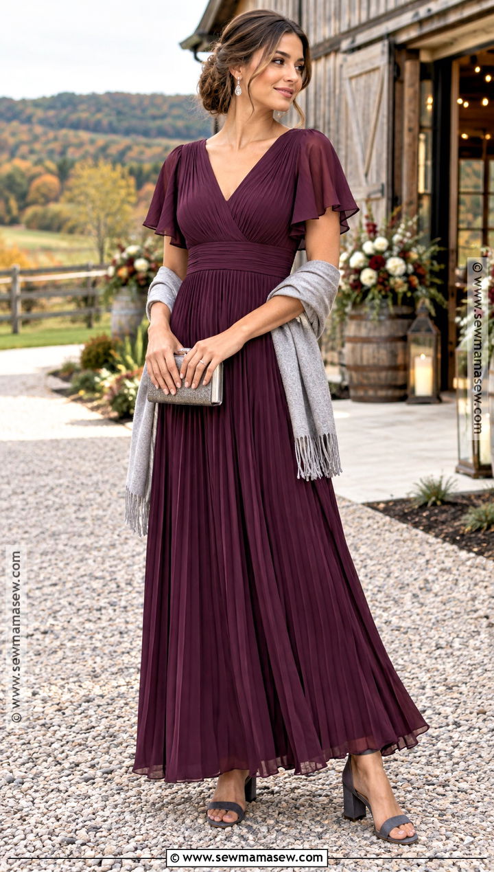 Plum Pleated Maxi Fall Barn Wedding Guest Dress - 20 fall barn wedding guest dress ideas