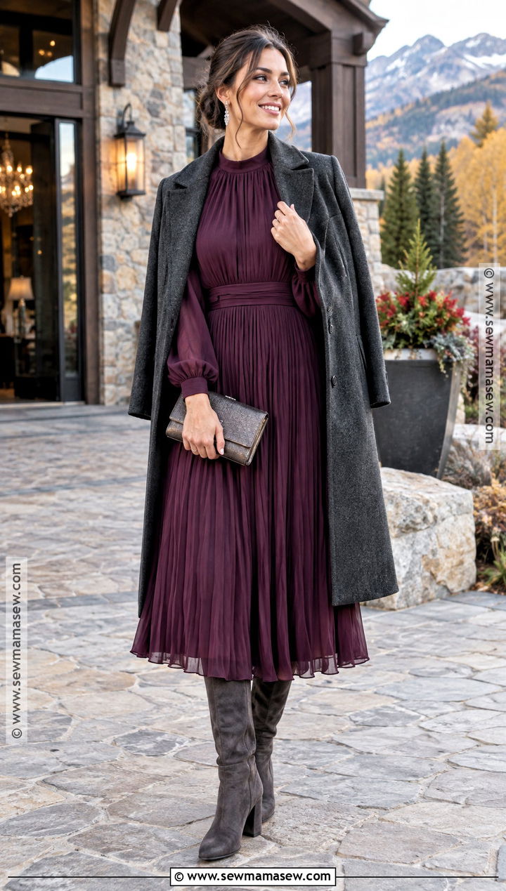 Plum Pleated Midi Dress Fall Mountain Wedding Outfit - 15 fall mountain wedding guest outfit ideas