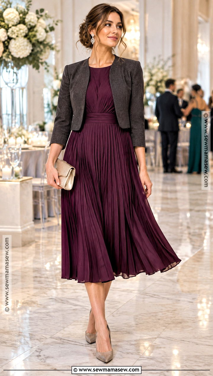 Plum Pleated Midi Dress Outfit - 15 fall wedding guest cocktail attire ideas