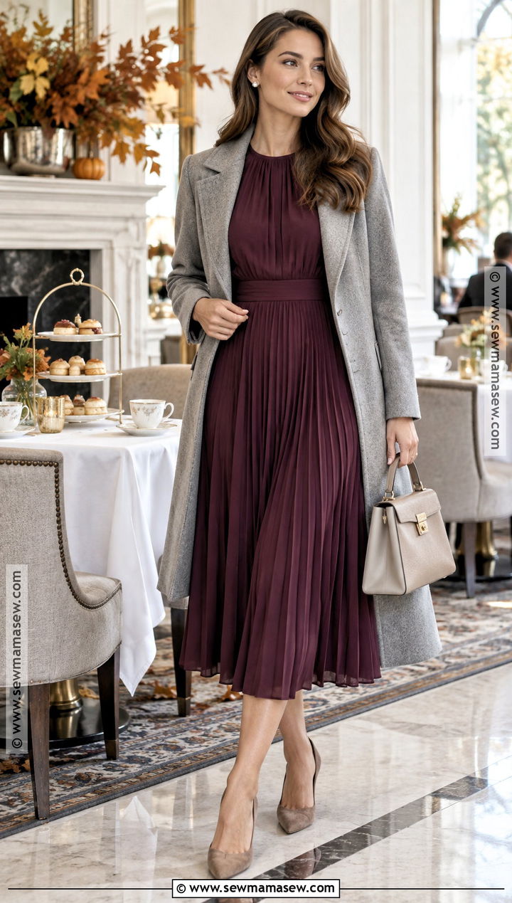 Plum Pleated Midi Dress Outfit - 15 fall bridal shower guest outfit ideas