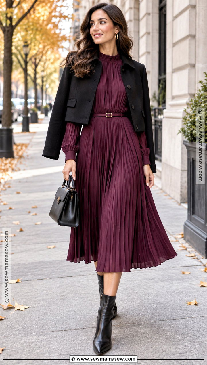 Plum Pleated Midi Dress With Ankle Boots - 15 Fancy Fall Dresses