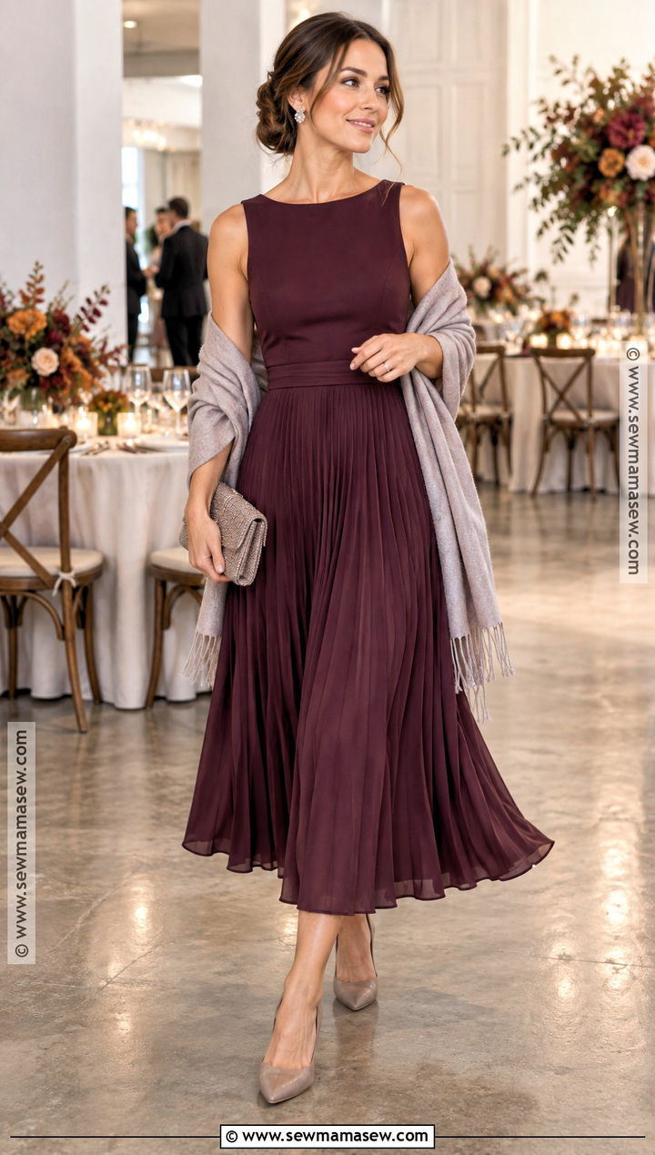 Plum Pleated Midi Dress With a Wrap - 15 elegant fall wedding attire ideas