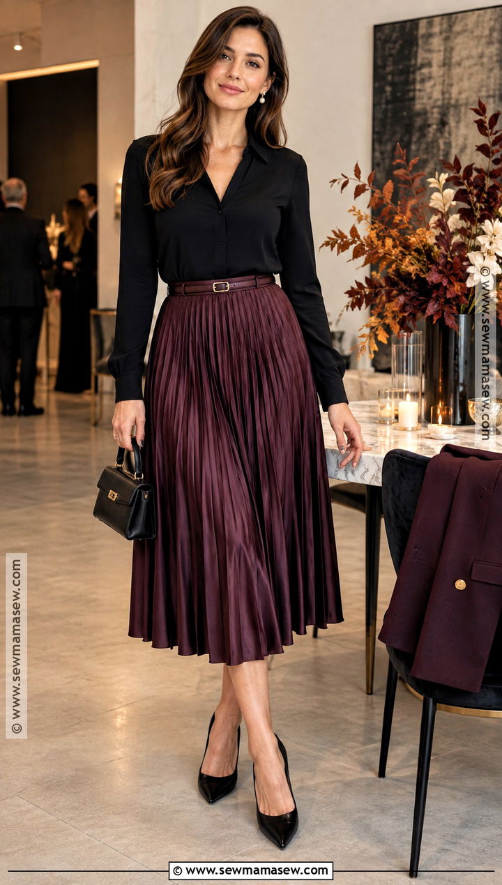 Plum Pleated Midi Skirt And Blouse Outfit - 20 Fall Semi Formal Outfits