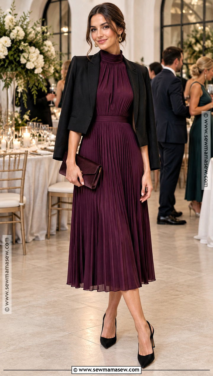 Plum Pleated Midi Wedding Guest Dress - 20 Fall Color Wedding Guest Dresses