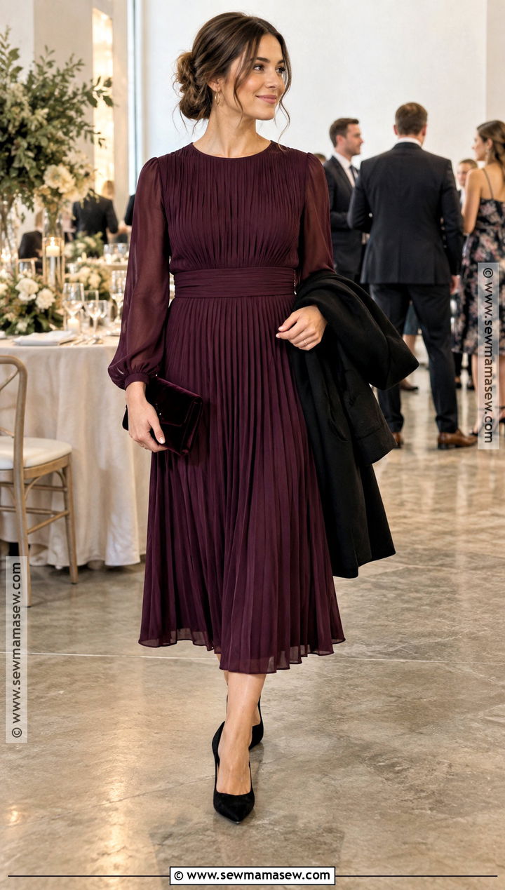 Plum Pleated November Wedding Guest Dress - 15 November Guest Wedding Dress Ideas